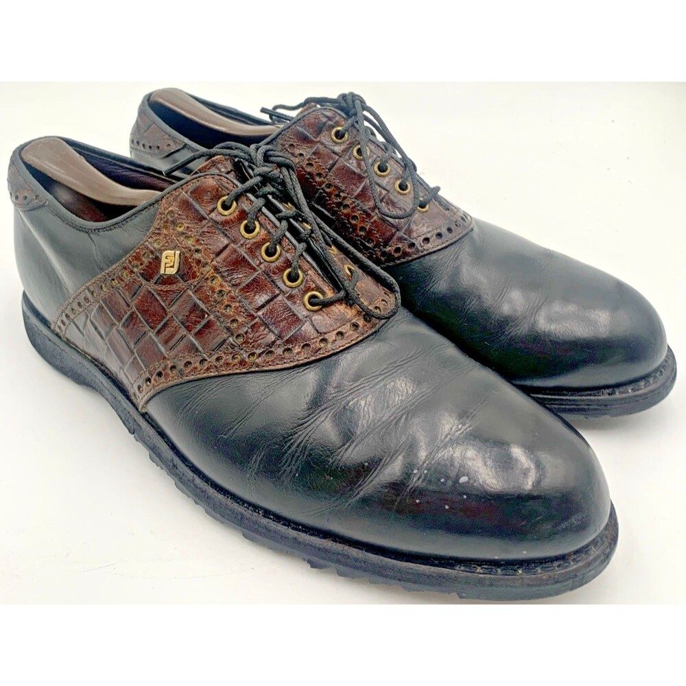 Footjoy Classics Dry Saddle Leather/Crocodile 55516 Black/Brown 9D Spikeless USA